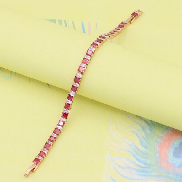 "Elegant Red & White Baguette Rose Gold Bracelet for Women, XPBL1024 - Picture 7 of 12